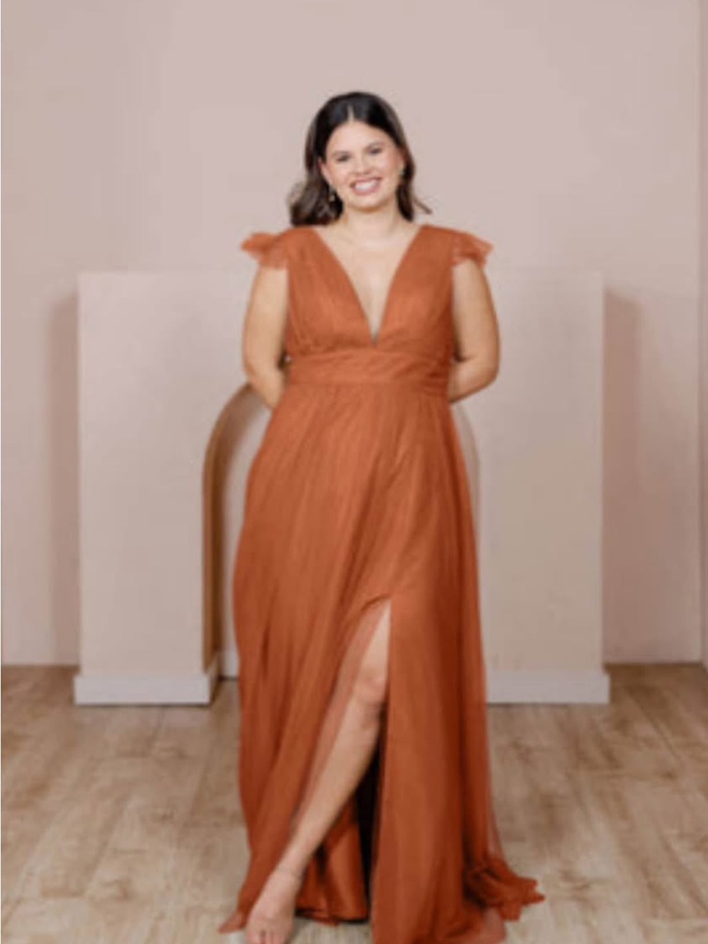 Revelry Rust Orange V-Neck Maxi Gown with Cap Sleeves